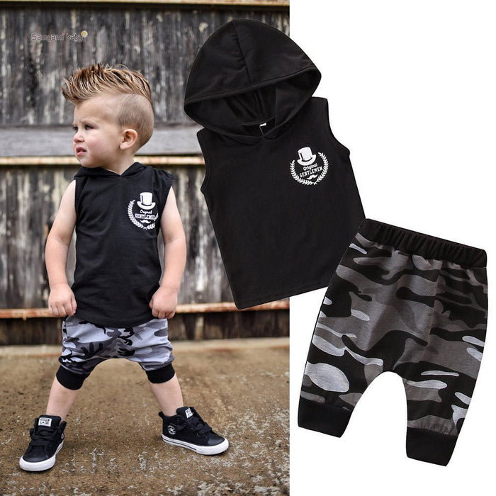 2PCS Toddler Kids Baby Boy Sleeveless Hooded Clothes T - shirt Tops Camo Pants Outfits - Kannabliss Exotics