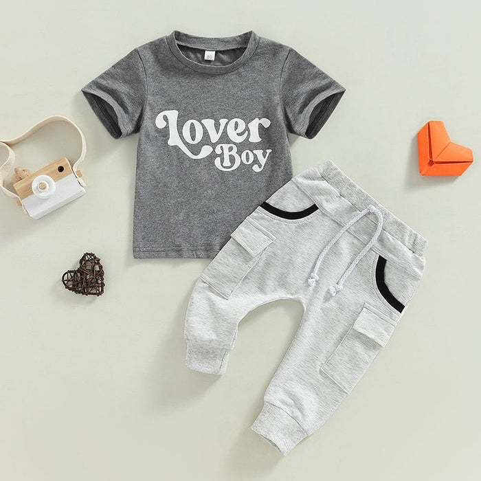 Baby Boy Short Sleeve Monogram Print T - shirt Gray Summer Clothing Set - Kannabliss Exotics