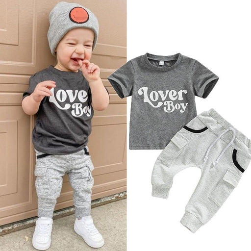 Baby Boy Short Sleeve Monogram Print T - shirt Gray Summer Clothing Set - Kannabliss Exotics