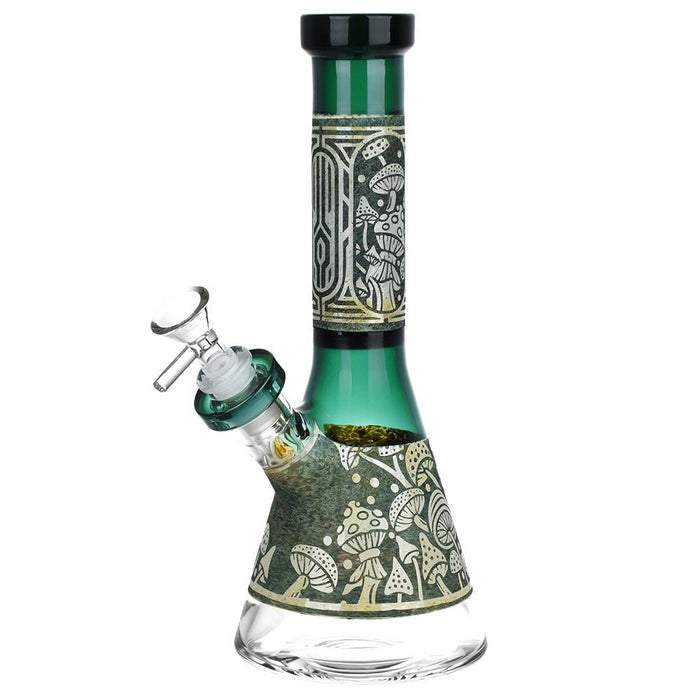 Mushroom Melange Etched Beaker Glass Water Pipe - 9" / 14mm F / Colors Vary - Kannabliss Exotics