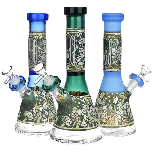 Mushroom Melange Etched Beaker Glass Water Pipe - 9" / 14mm F / Colors Vary - Kannabliss Exotics