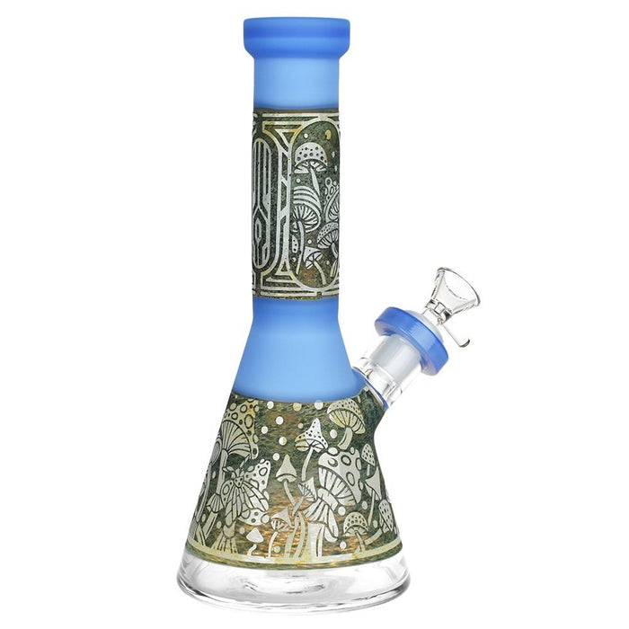 Mushroom Melange Etched Beaker Glass Water Pipe - 9" / 14mm F / Colors Vary - Kannabliss Exotics