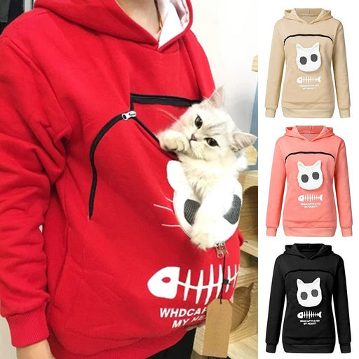 Women Hoodie Sweatshirt With Cat Pet Pocket Design Long Sleeve Sweater Cat Outfit - Kannabliss Exotics